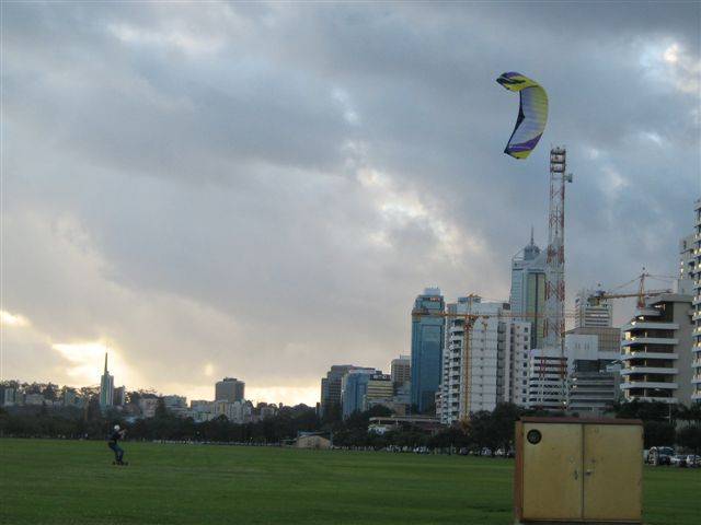 Pillow powered land kiter in the Perth CBD