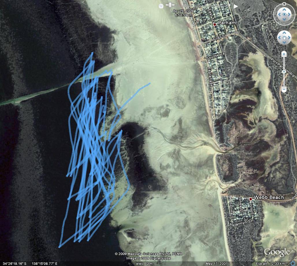 Speed Kiting GPS Tracks 25/4/09.  45.58knts max speed