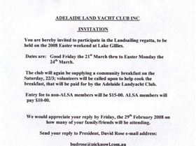 Adelaide Land Yacht Club Invitation in the Land Sailing regetta.