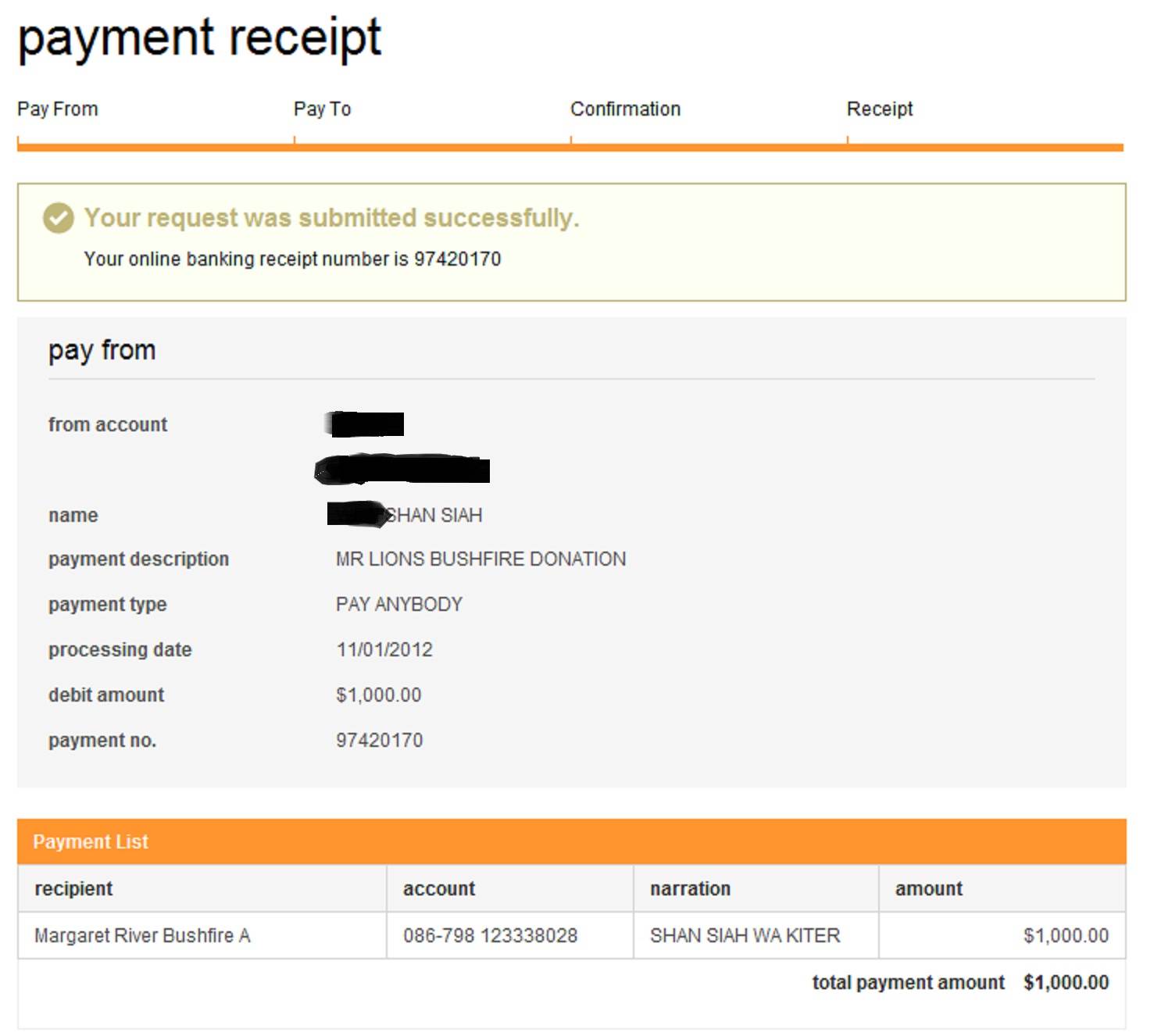 MR Lions Bushfire Donation