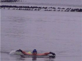 Air 30-32F (-1 to 0C), Water 42.8F (6.0C) Swim in Speedos