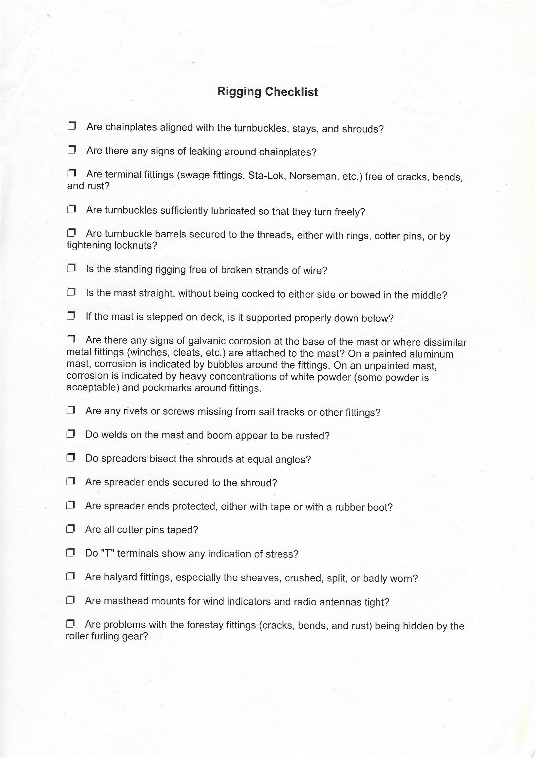 Rigging and mast checklist