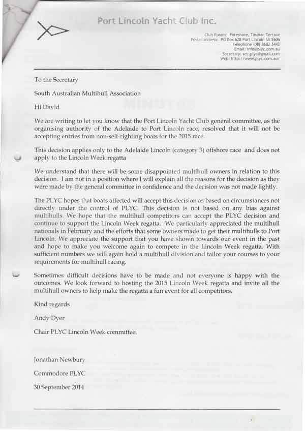 PLYC letter banning multihulls in Adelaide to Port Lincoln Race