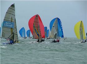 Around the top mark 16 Skiffs at RQYS