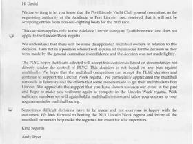 PLYC letter banning multihulls in Adelaide to Port Lincoln Race