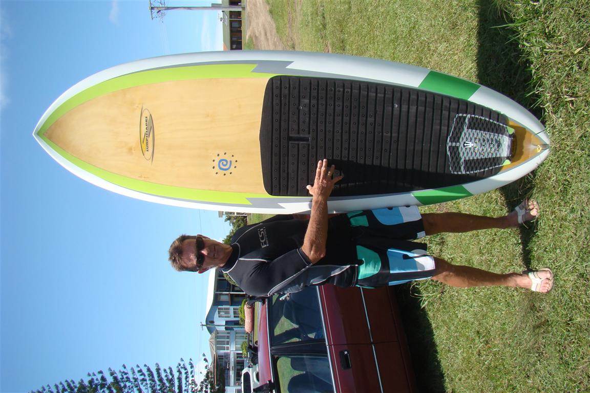 Phil with his 8'10" x 33.5" x 150 ltr timber deck Fun Board SUP