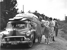 8 RC Sunset Beach Tourists Women Looking at Surfboards on Car 1963