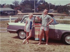 first board, first car (9' solid balsa, Triumph Herald 900cc)