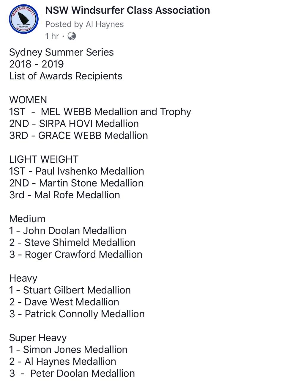 Sydney Summer Series prizewinners