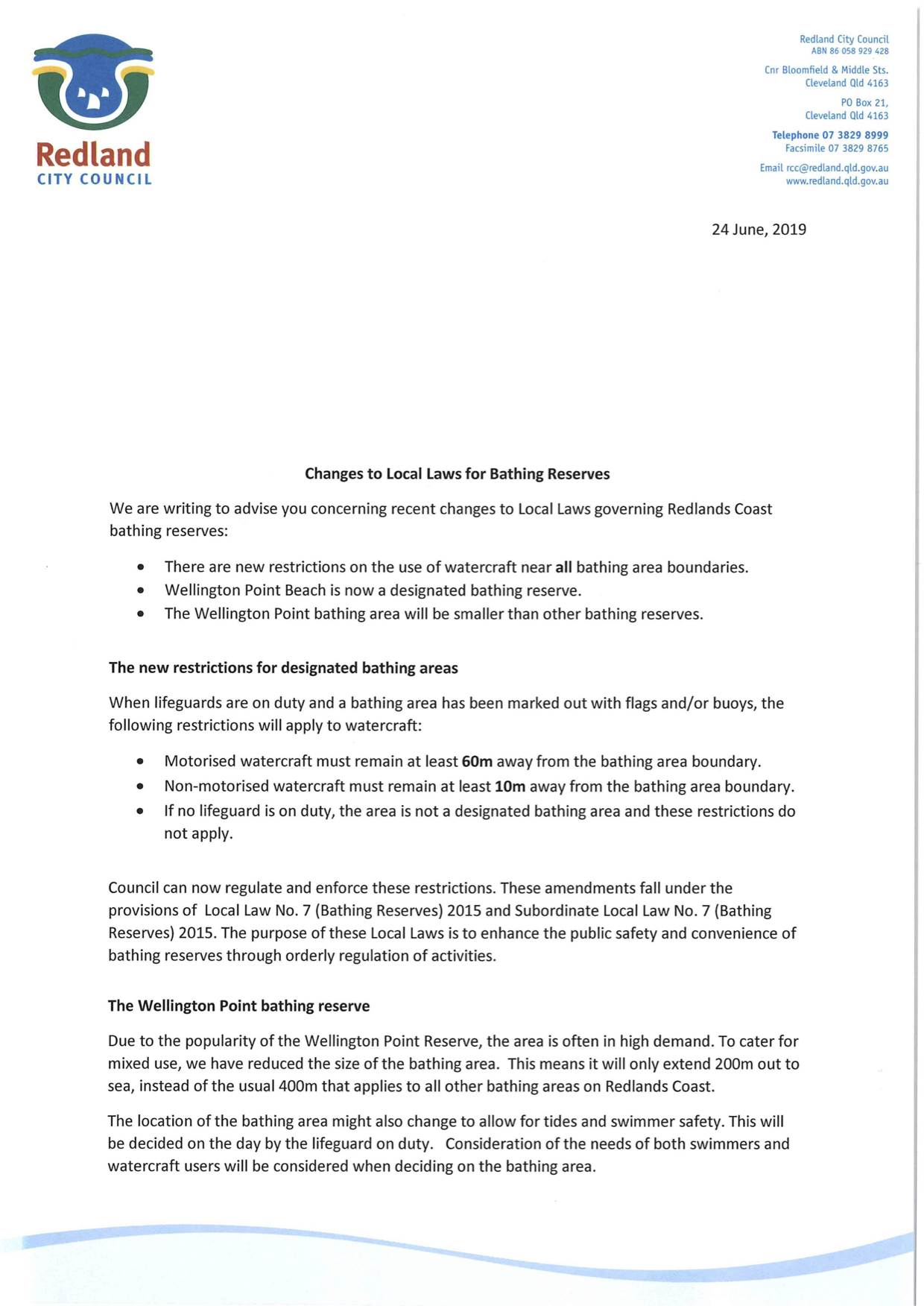 Page 1 of 2 of Redlands Letter