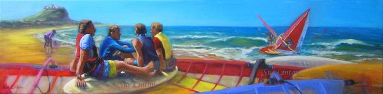 Painting of sailboarders at Nobby's beach in the eighties