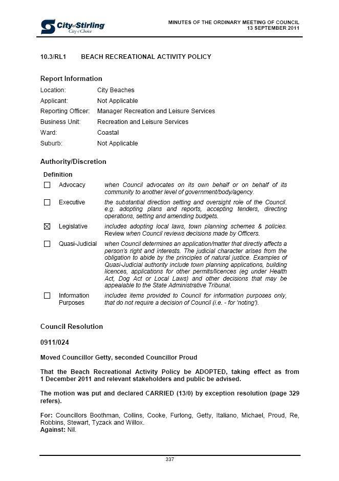 Stirling Beach Rec Policy 13/9/11
