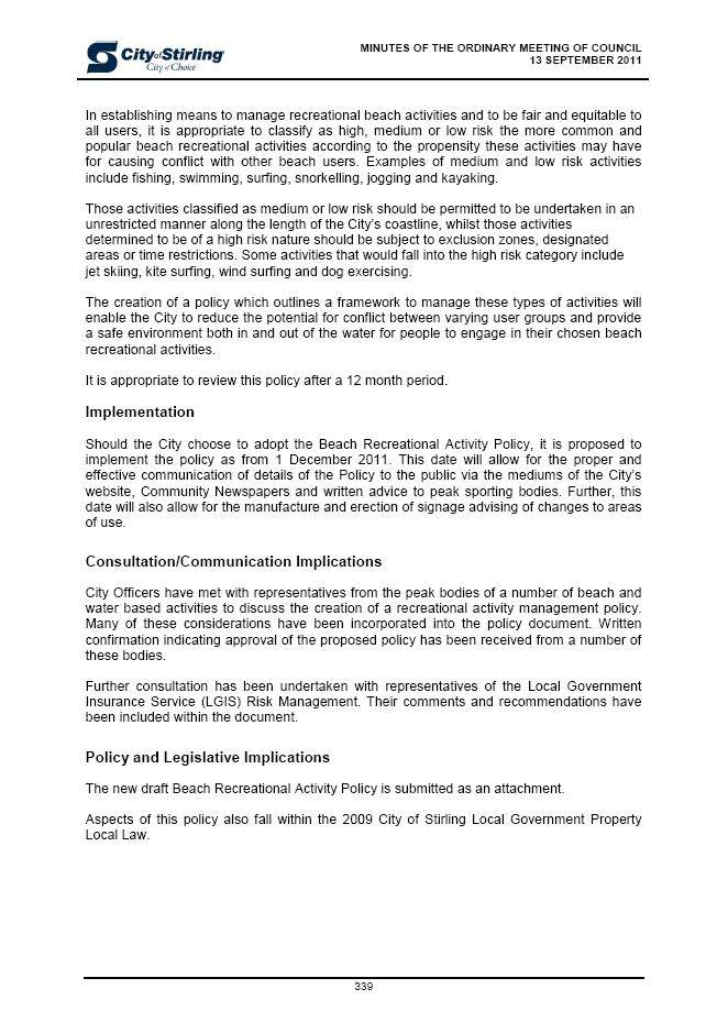 Stirling Beach Rec Policy 13/9/11