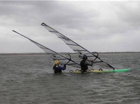 March 06. Craig Hollins and Andrew Daff about to take a 35 knot run on the tandem speed board