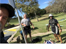 Col shouted beers Dennis and Adam still out sailing flat shallow water Wind around 16knts