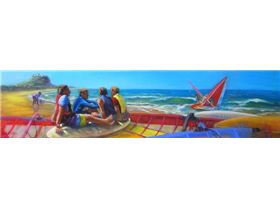 Painting of sailboarders at Nobby's beach in the eighties