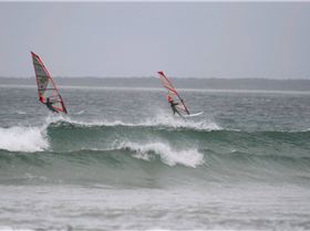 alex age 8,first time wave sailing with dad